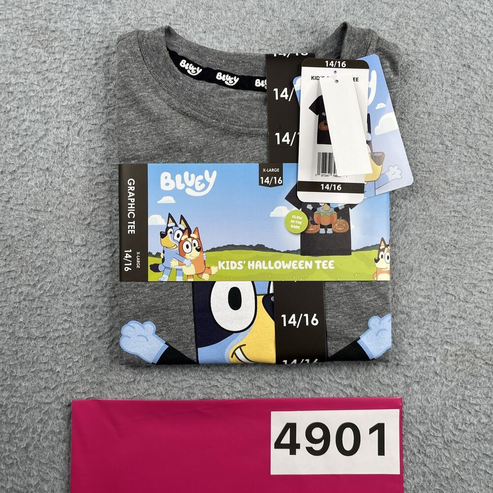 Bluey Kids Short Sleeve Gray Halloween Graphic Tee Size 14/16 Glow In The Dark